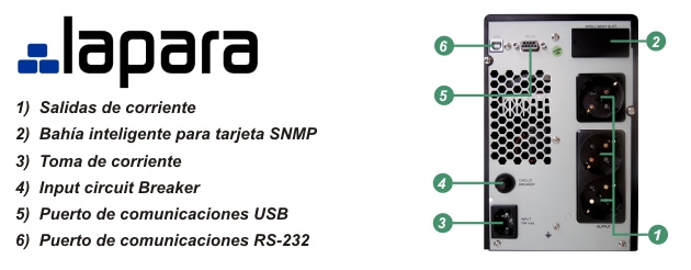 Conexiones de un sai 1000va online Lapara La-ON-1K-SH Panel trasero Sai 1000Va Online LA-ON-1K-SH